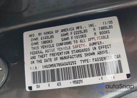2006 Honda Accord 2.4 Ex from USA, damaged, VIN 1HGCM56796A045252